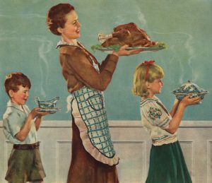 Illustration of Mother and Children Carrying Thanksgiving Dinner by Douglass Crockwell